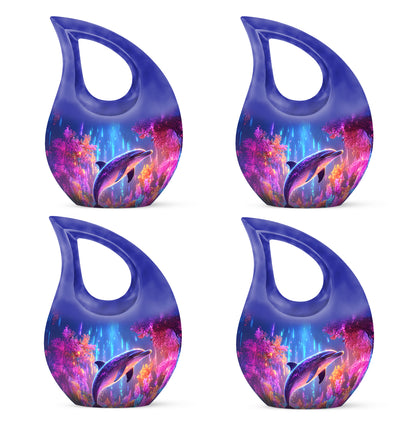 Powder Blue Dolphin Cremation Urn lifestyle display on memorial shelf - sacred cross merged with dolphin motif on metal - 10 inch aluminum urn for cremated remains