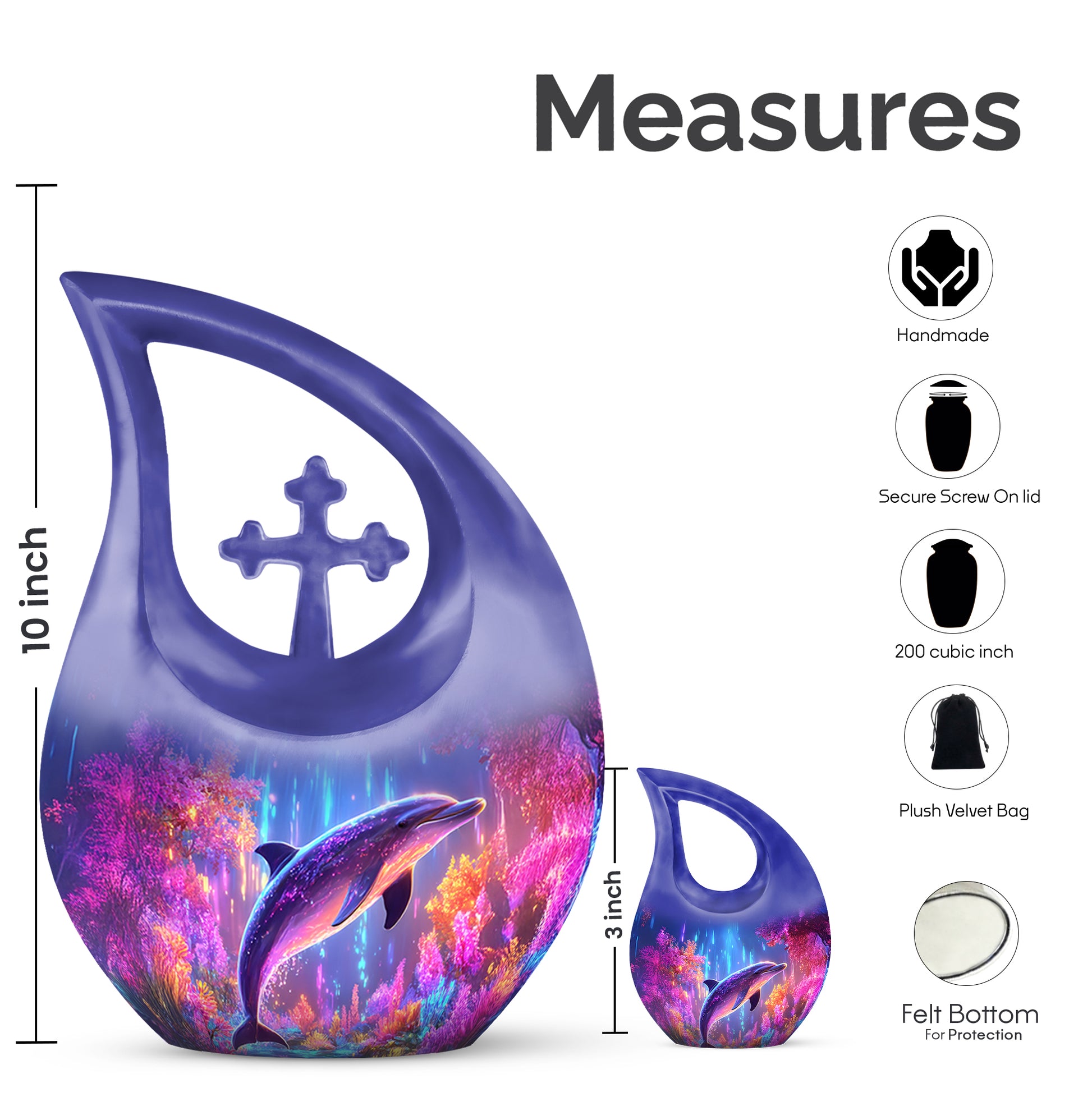 Misty Blue Dolphin Cremation Urn back view with polished surface - cross and dolphin combined in spiritual memorial design - mini keepsake memorial for portion of cremation ashes