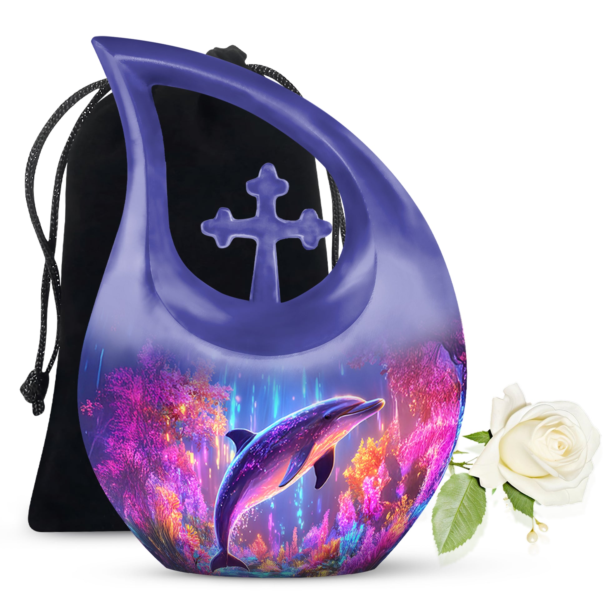Cornflower Blue Dolphin Cremation Urn top-down view of secure threaded lid - devotional cross-drop dolphin engraving - full-size 10 inch 200 cubic inch adult cremation urn