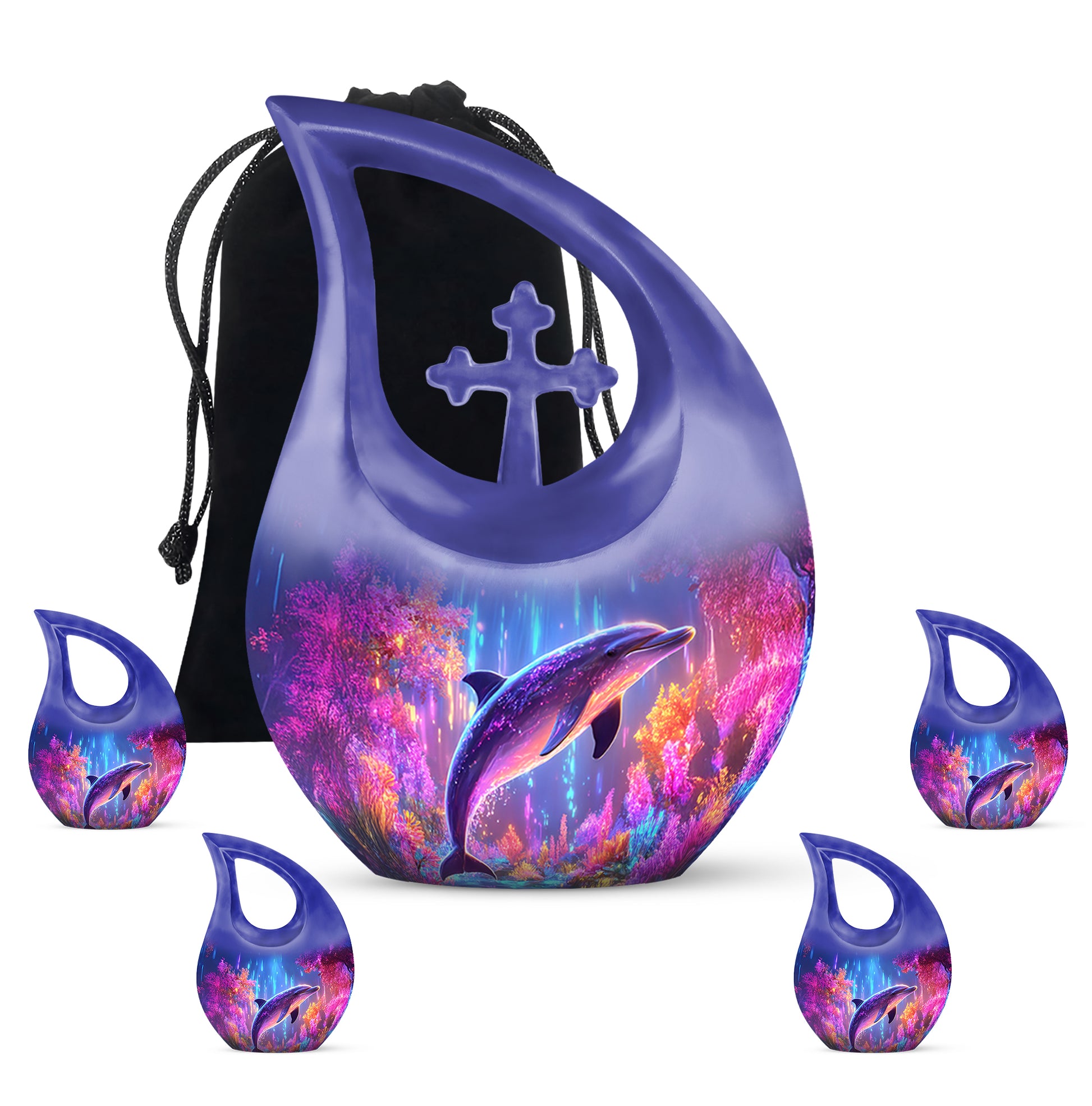 Navy Blue Dolphin Cremation Urn urn with complimentary velvet bag - cross and dolphin combined in spiritual memorial design - memorial set with one large and four small urns