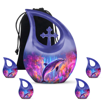 Navy Blue Dolphin Cremation Urn urn with complimentary velvet bag - cross and dolphin combined in spiritual memorial design - memorial set with one large and four small urns