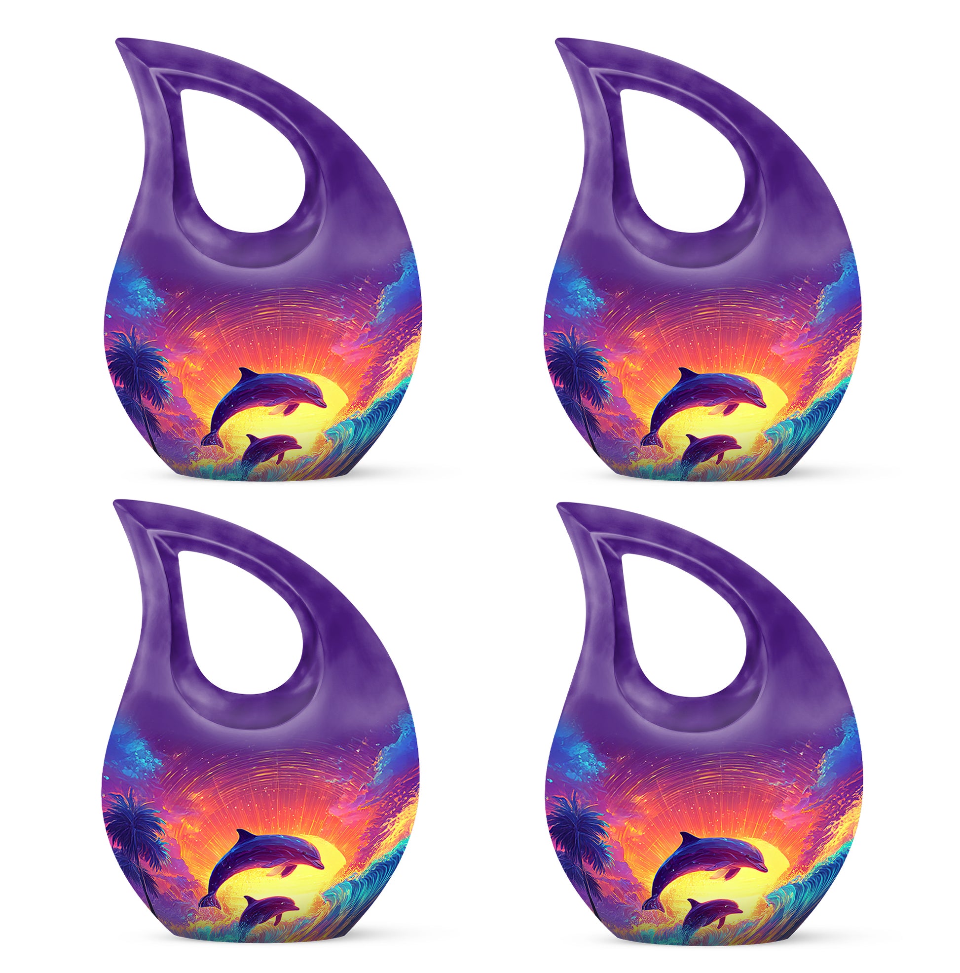 Twilight Purple Dolphin Cremation Urn lifestyle display on memorial shelf - devotional cross-drop dolphin engraving - 10 inch aluminum urn for cremated remains