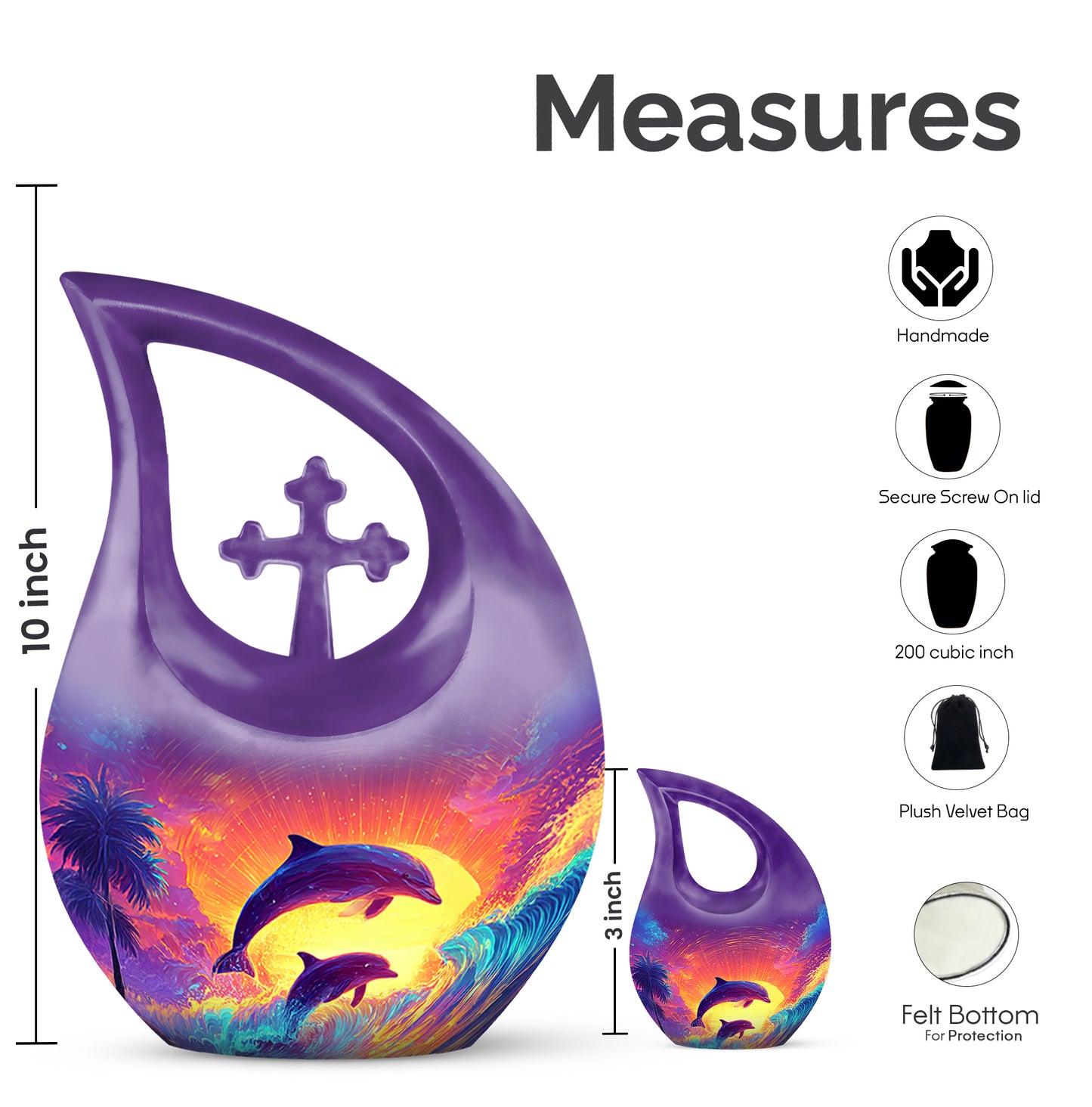 Orchid Purple Dolphin Cremation Urn back view with polished surface - sacred cross merged with dolphin motif on metal - mini keepsake memorial for portion of cremation ashes