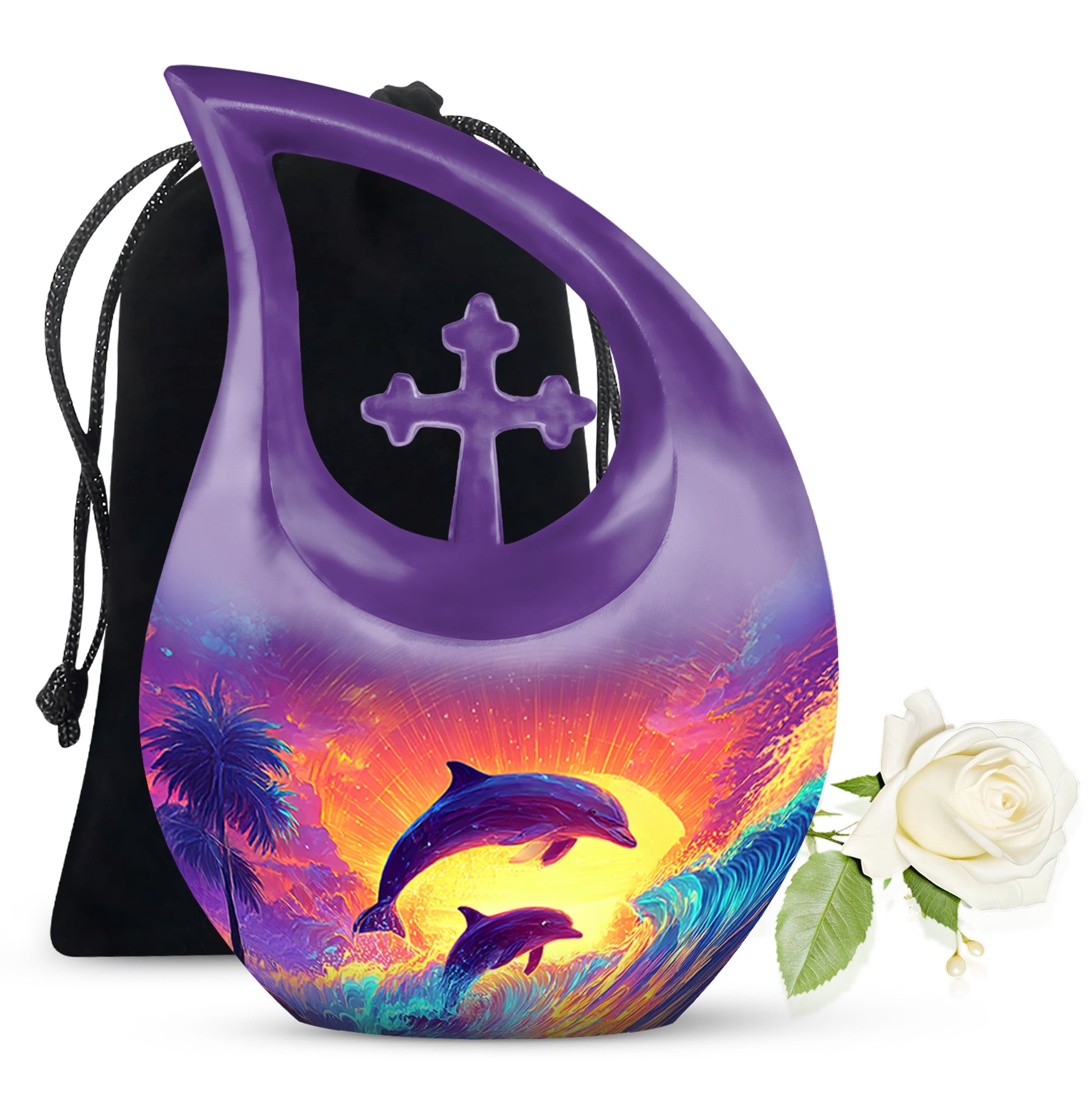Deep Purple Dolphin Cremation Urn top-down view of secure threaded lid - cross and dolphin combined in spiritual memorial design - full-size 10 inch 200 cubic inch adult cremation urn