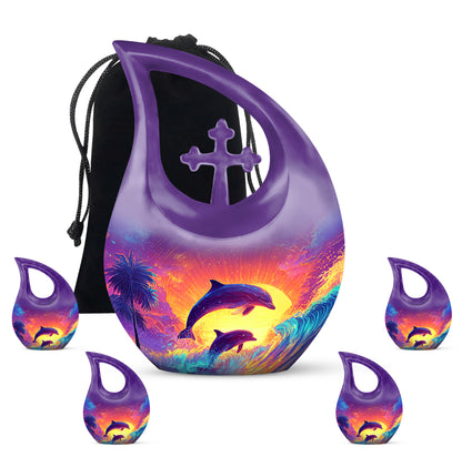 Orchid Purple Dolphin Cremation Urn urn with complimentary velvet bag - sacred cross merged with dolphin motif on metal - memorial set with one large and four small urns