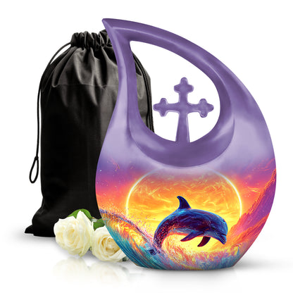Serene Blue Dolphin Cremation Urn top-down view of secure threaded lid - devotional cross-drop dolphin engraving - full-size 10 inch 200 cubic inch adult cremation urn