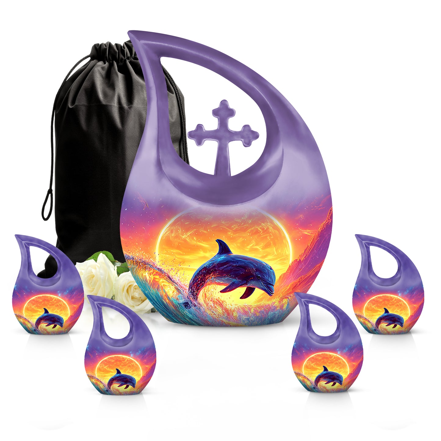 Celestial Blue Dolphin Cremation Urn urn with complimentary velvet bag - cross and dolphin combined in spiritual memorial design - memorial set with one large and four small urns