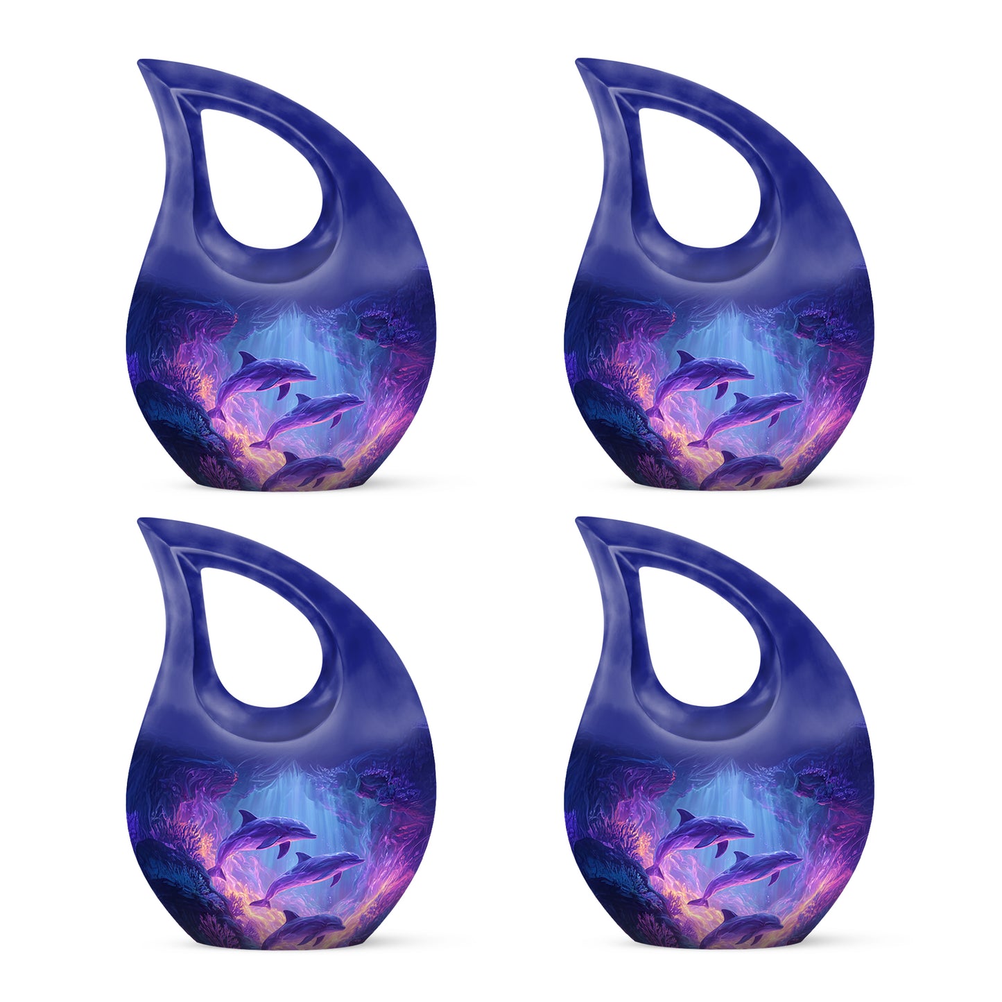 Azure Dolphin Cremation Urn lifestyle display on memorial shelf - cross and dolphin combined in spiritual memorial design - 10 inch aluminum urn for cremated remains