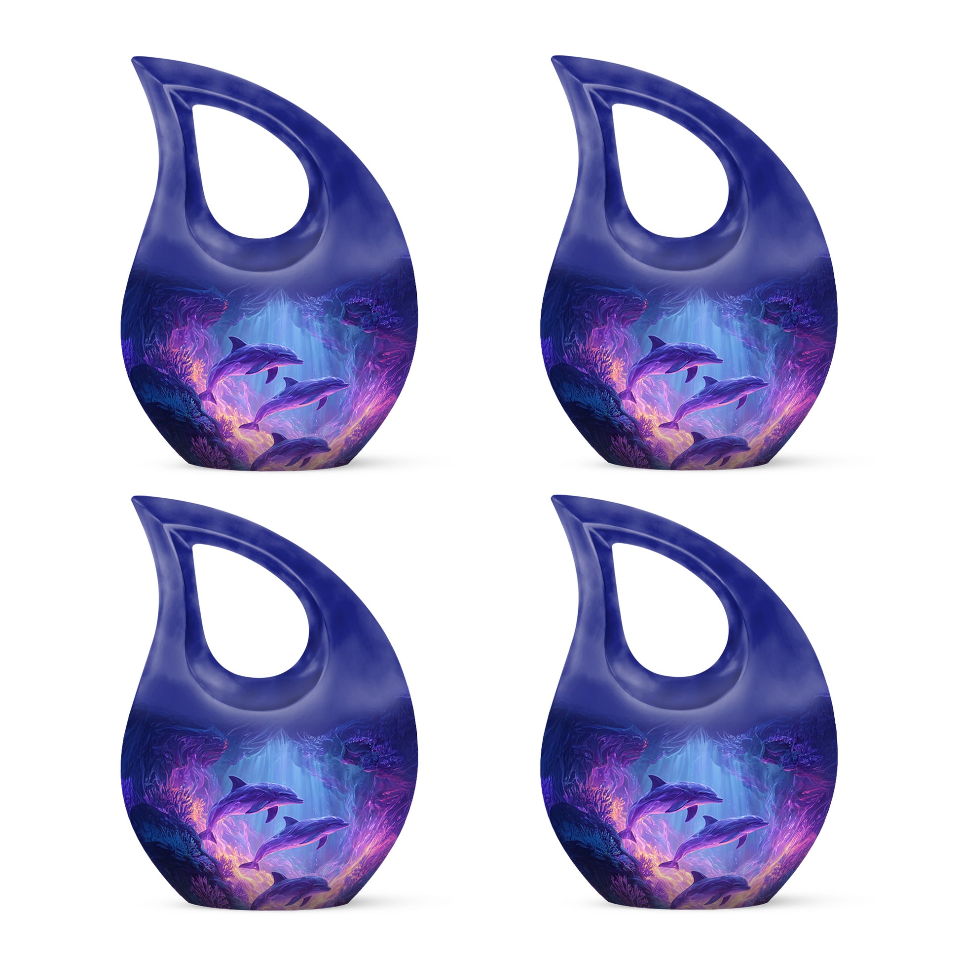 Azure Dolphin Cremation Urn lifestyle display on memorial shelf - cross and dolphin combined in spiritual memorial design - 10 inch aluminum urn for cremated remains