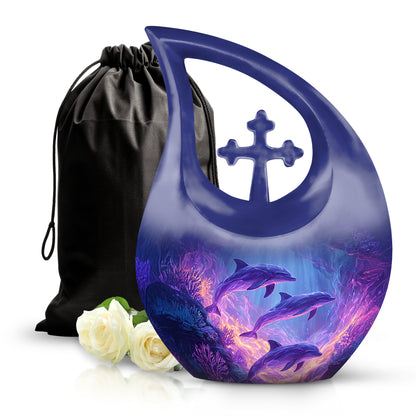 Serene Blue Dolphin Cremation Urn top-down view of secure threaded lid - faith-inspired cross-drop urn with dolphin pattern - full-size 10 inch 200 cubic inch adult cremation urn