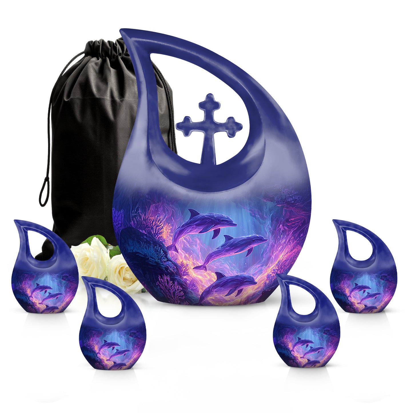 Serene Blue Dolphin Cremation Urn urn with complimentary velvet bag - faith-inspired cross-drop urn with dolphin pattern - memorial set with one large and four small urns
