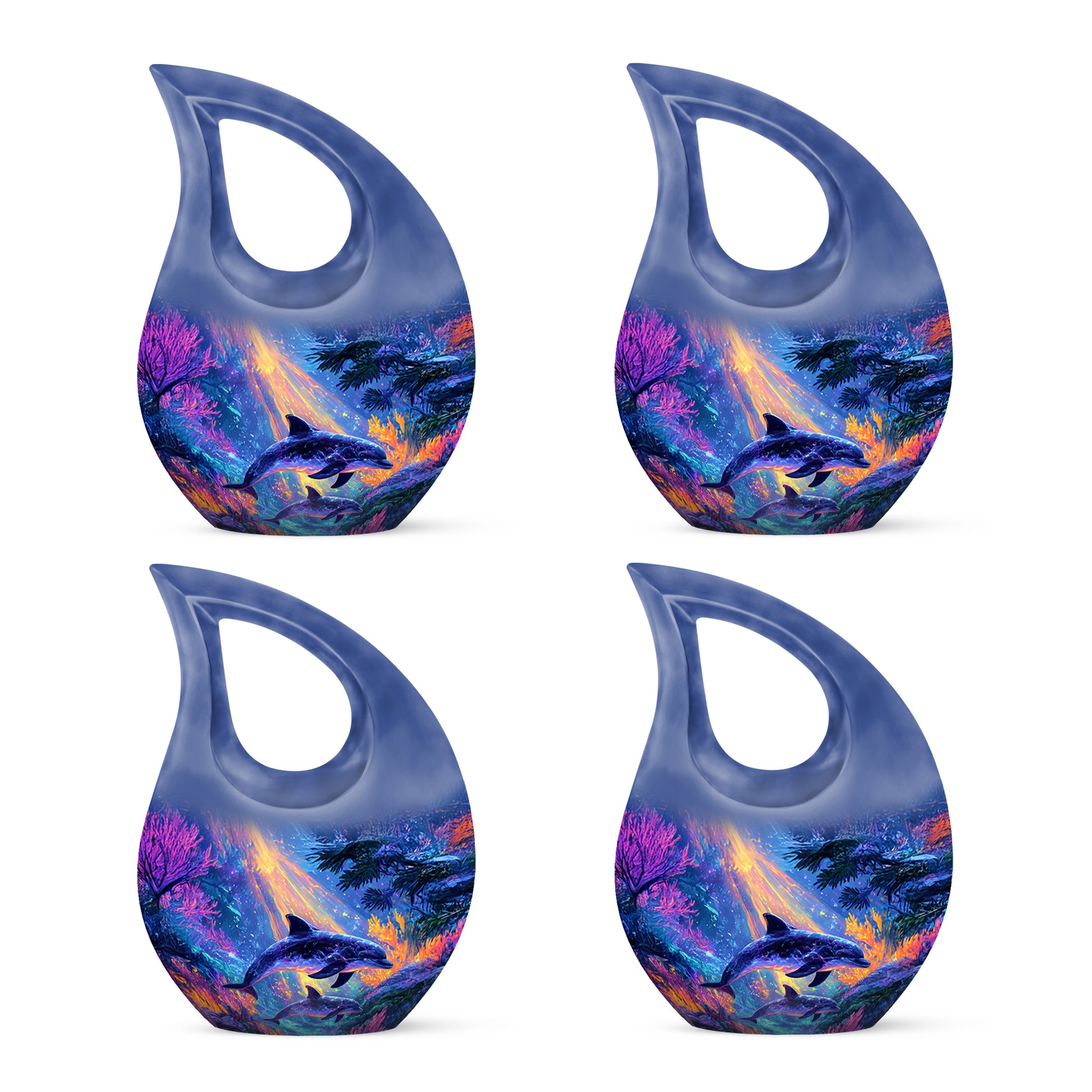 Icy Blue Dolphin Cremation Urn lifestyle display on memorial shelf - cross and dolphin combined in spiritual memorial design - 10 inch aluminum urn for cremated remains