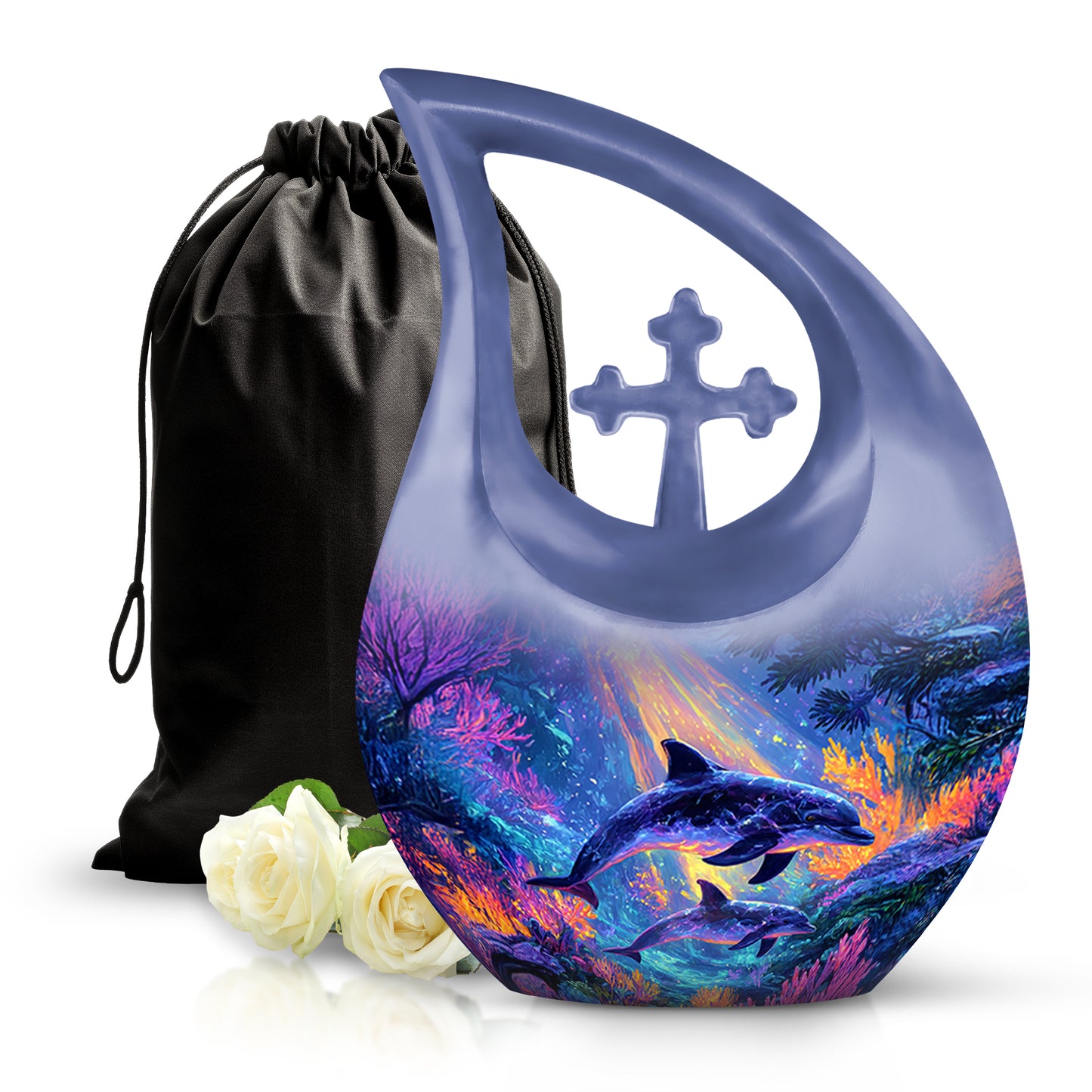 Twilight Blue Dolphin Cremation Urn top-down view of secure threaded lid - devotional cross-drop dolphin engraving - full-size 10 inch 200 cubic inch adult cremation urn