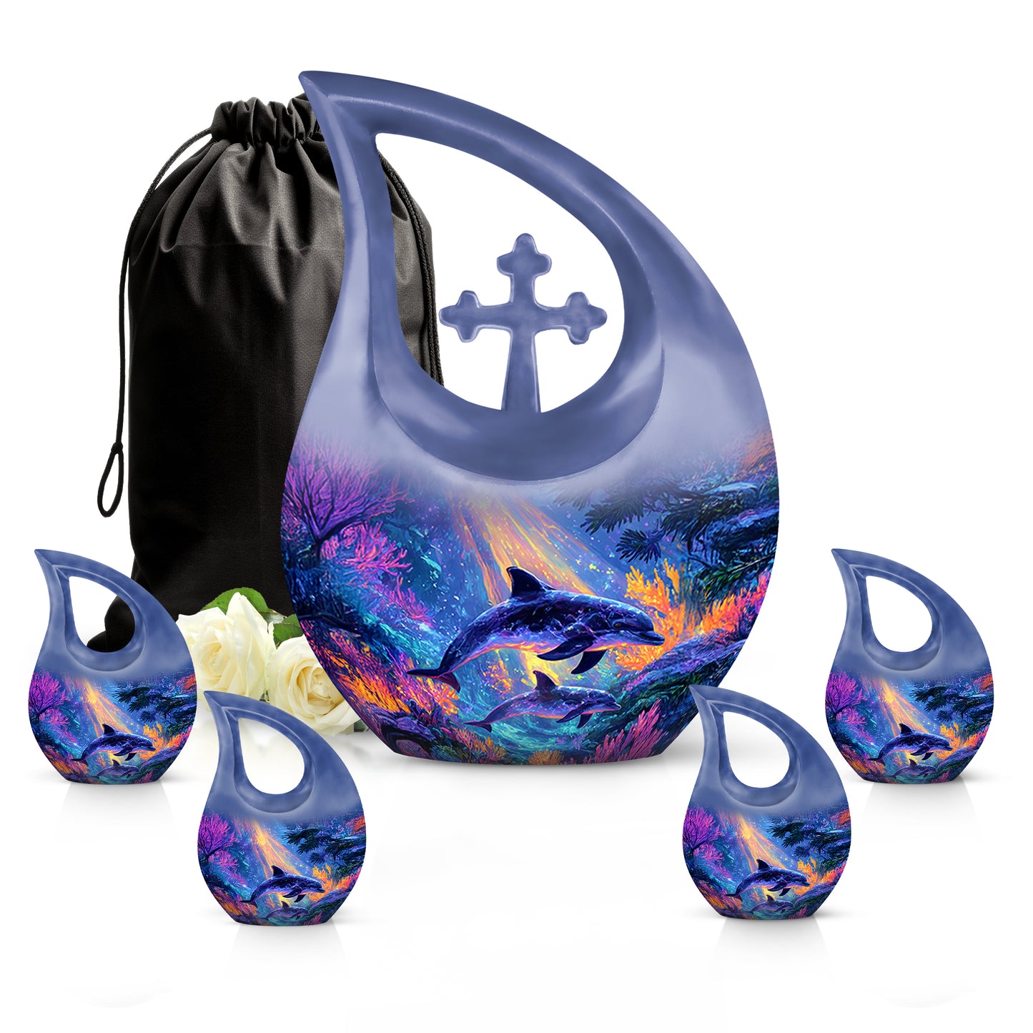 Navy Blue Dolphin Cremation Urn urn with complimentary velvet bag - sacred cross merged with dolphin motif on metal - memorial set with one large and four small urns