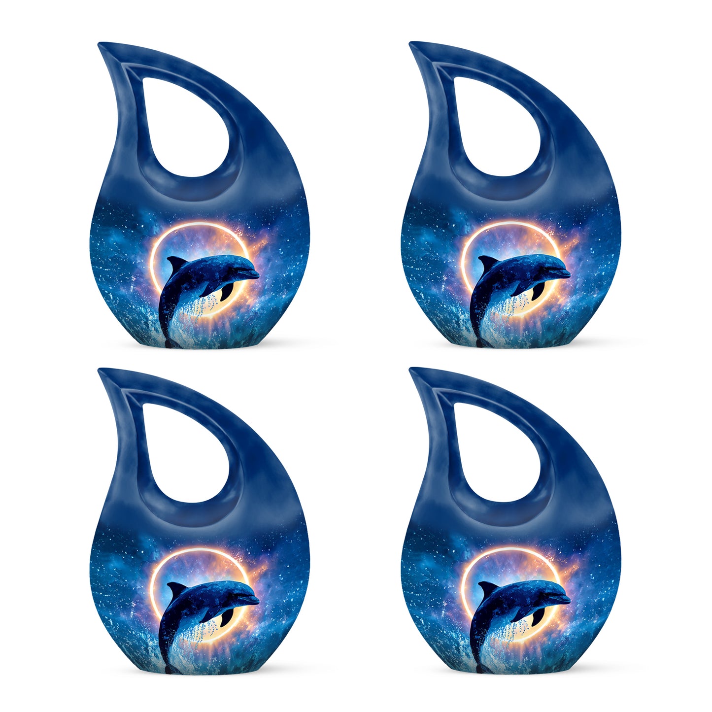Bright Blue Dolphin Cremation Urn lifestyle display on memorial shelf - devotional cross-drop dolphin engraving - 10 inch aluminum urn for cremated remains