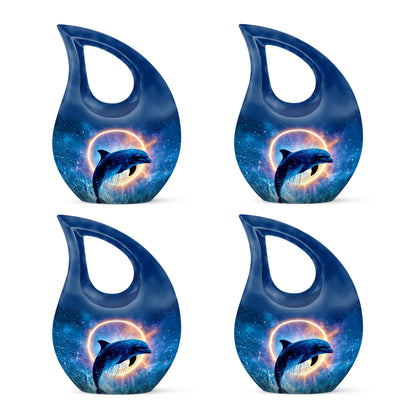 Bright Blue Dolphin Cremation Urn lifestyle display on memorial shelf - devotional cross-drop dolphin engraving - 10 inch aluminum urn for cremated remains
