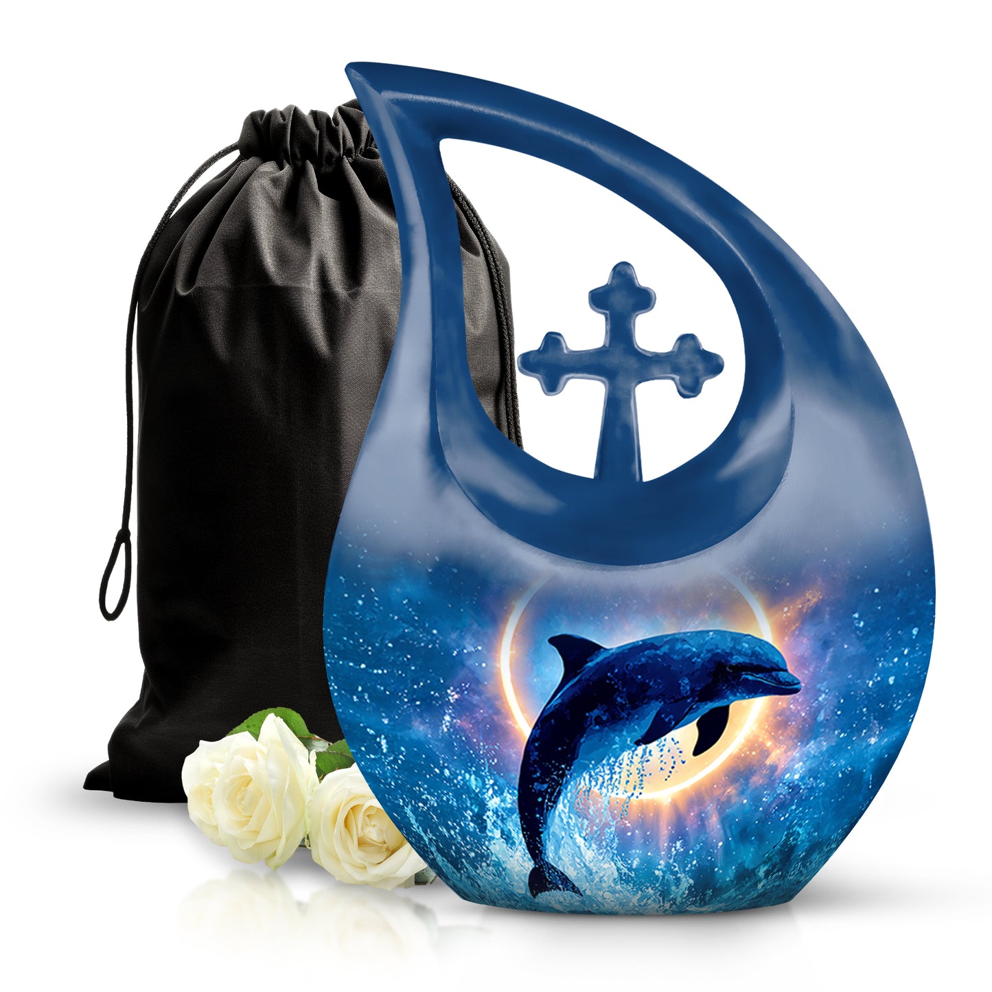 Azure Dolphin Cremation Urn top-down view of secure threaded lid - cross and dolphin combined in spiritual memorial design - full-size 10 inch 200 cubic inch adult cremation urn