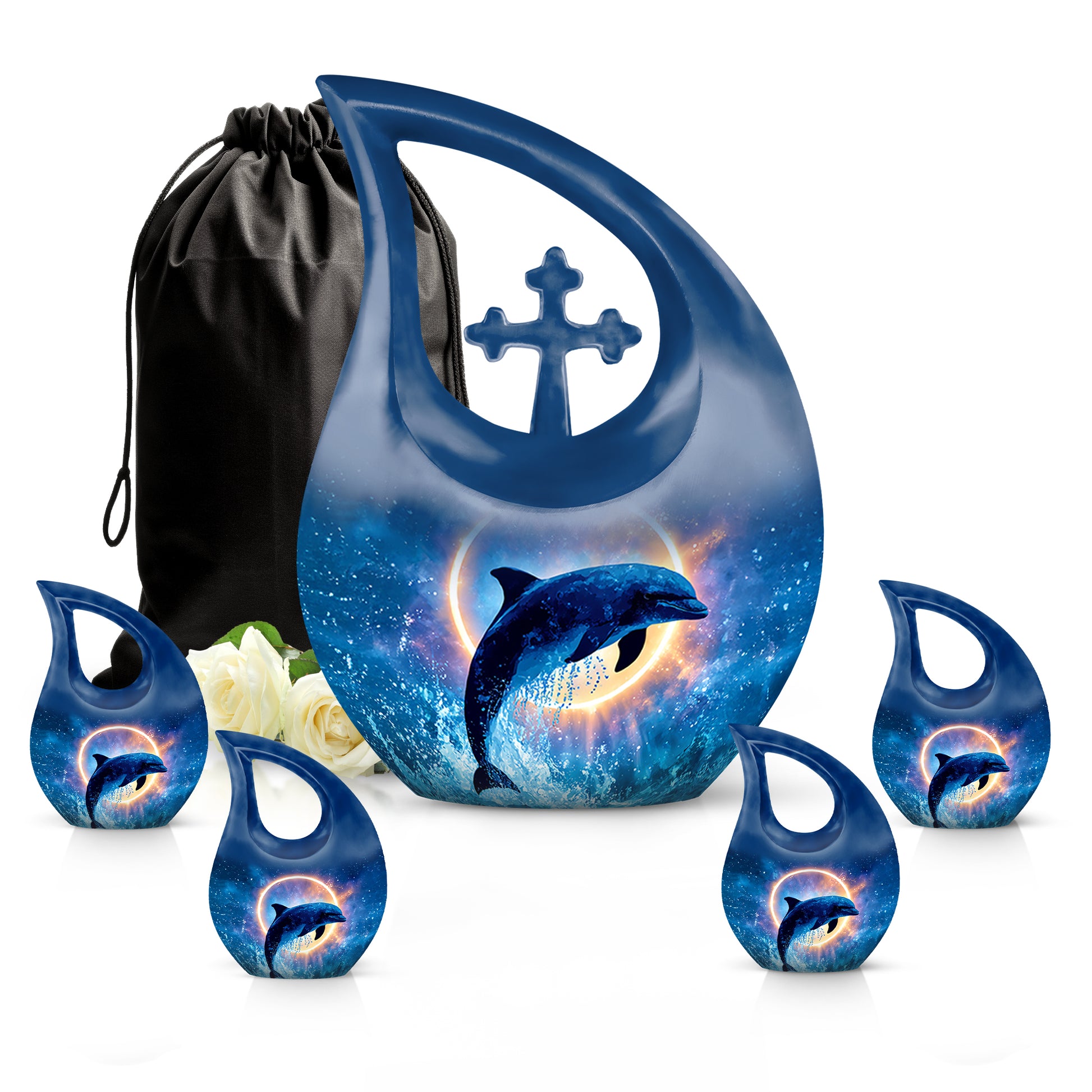 Sky Blue Dolphin Cremation Urn urn with complimentary velvet bag - sacred cross merged with dolphin motif on metal - memorial set with one large and four small urns
