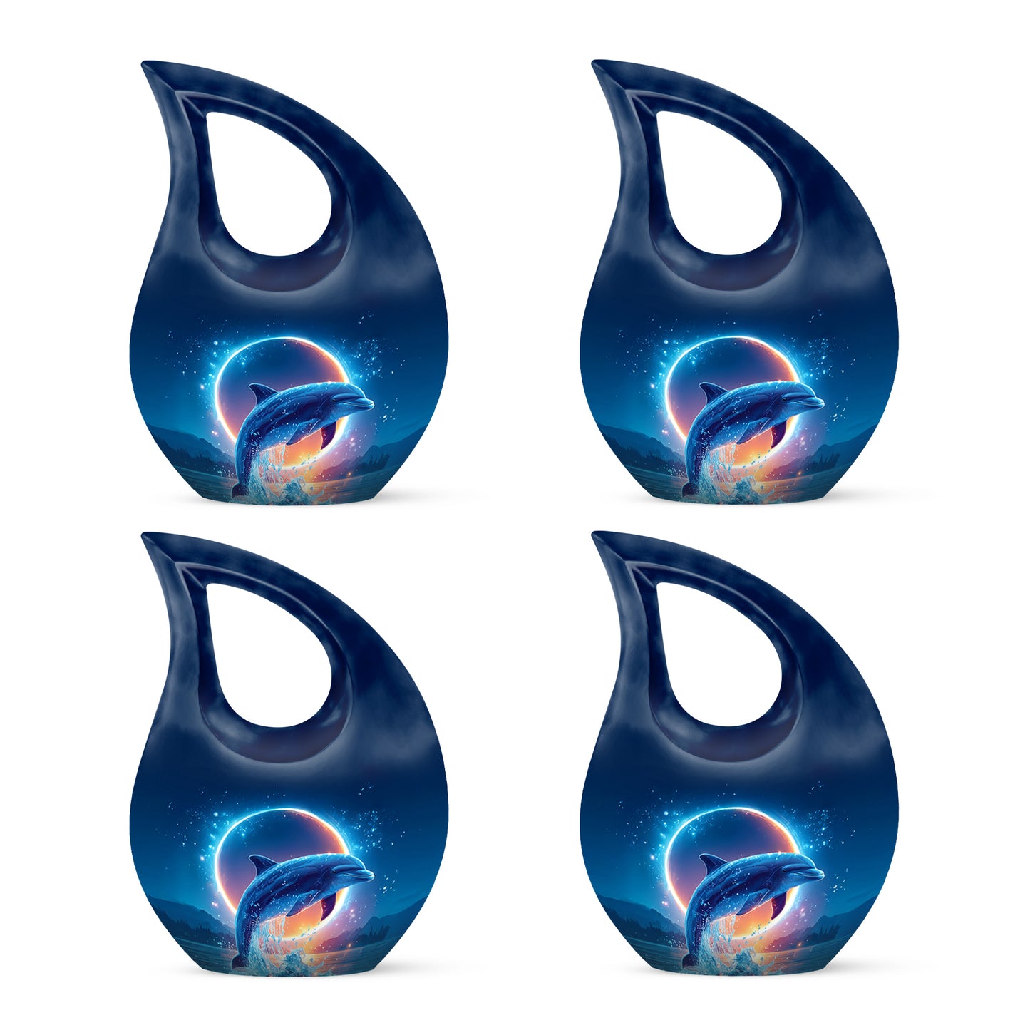 Twilight Blue Dolphin Cremation Urn lifestyle display on memorial shelf - devotional cross-drop dolphin engraving - 10 inch aluminum urn for cremated remains
