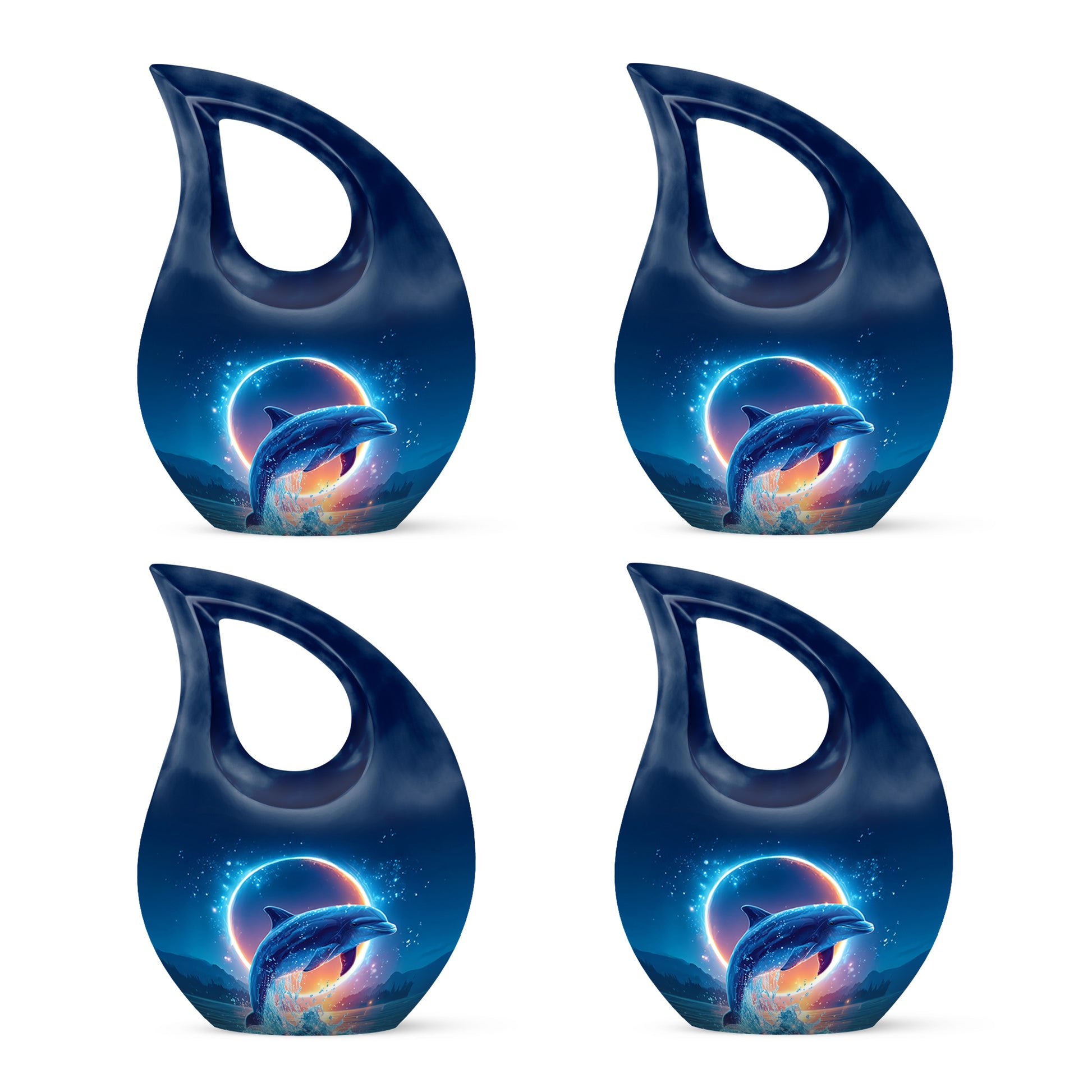 Twilight Blue Dolphin Cremation Urn lifestyle display on memorial shelf - devotional cross-drop dolphin engraving - 10 inch aluminum urn for cremated remains