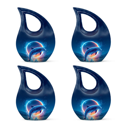 Twilight Blue Dolphin Cremation Urn lifestyle display on memorial shelf - devotional cross-drop dolphin engraving - 10 inch aluminum urn for cremated remains