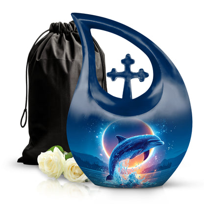 Icy Blue Dolphin Cremation Urn top-down view of secure threaded lid - sacred cross merged with dolphin motif on metal - full-size 10 inch 200 cubic inch adult cremation urn