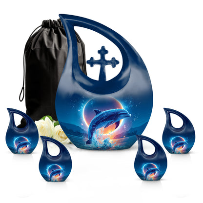 Twilight Blue Dolphin Cremation Urn urn with complimentary velvet bag - faith-inspired cross-drop urn with dolphin pattern - memorial set with one large and four small urns