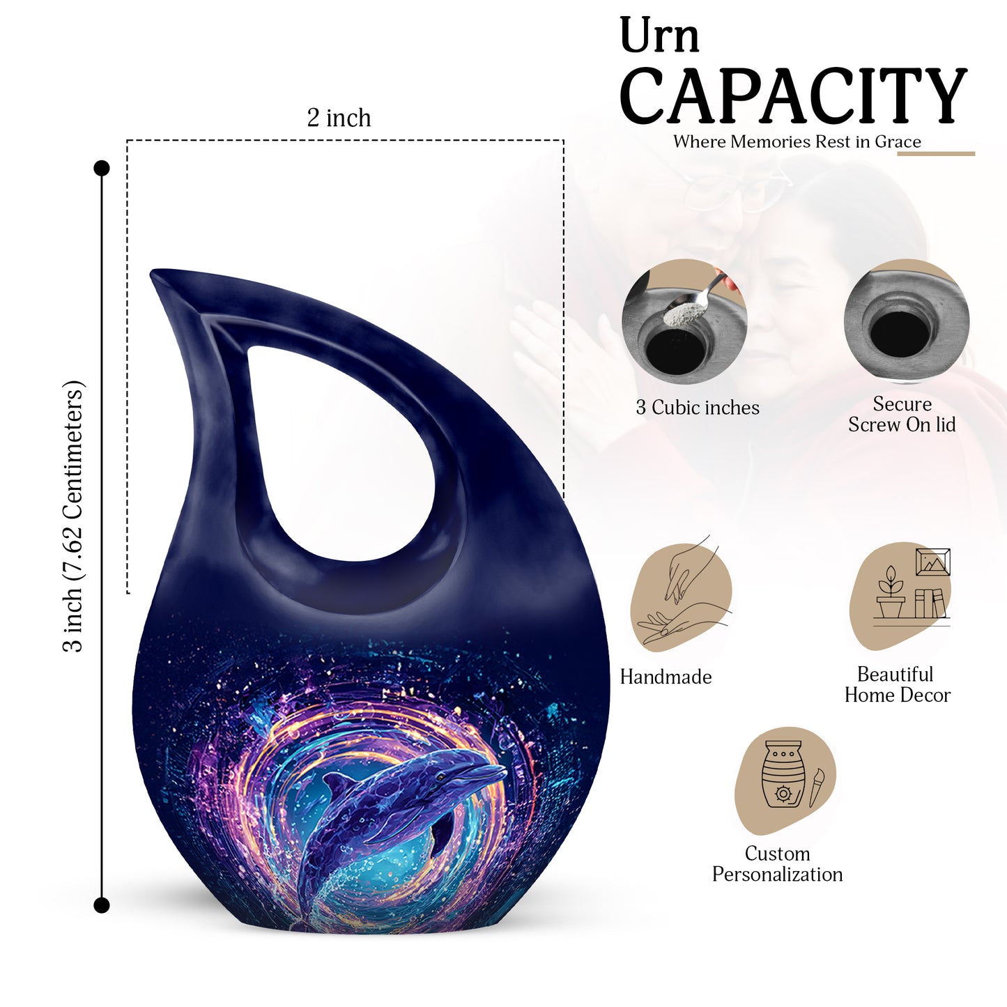 Indigo Dolphin Cremation Urn back view with polished surface - sacred cross merged with dolphin motif on metal - mini keepsake memorial for portion of cremation ashes