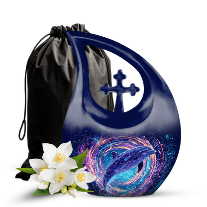 Powder Blue Dolphin Cremation Urn top-down view of secure threaded lid - cross and dolphin combined in spiritual memorial design - full-size 10 inch 200 cubic inch adult cremation urn