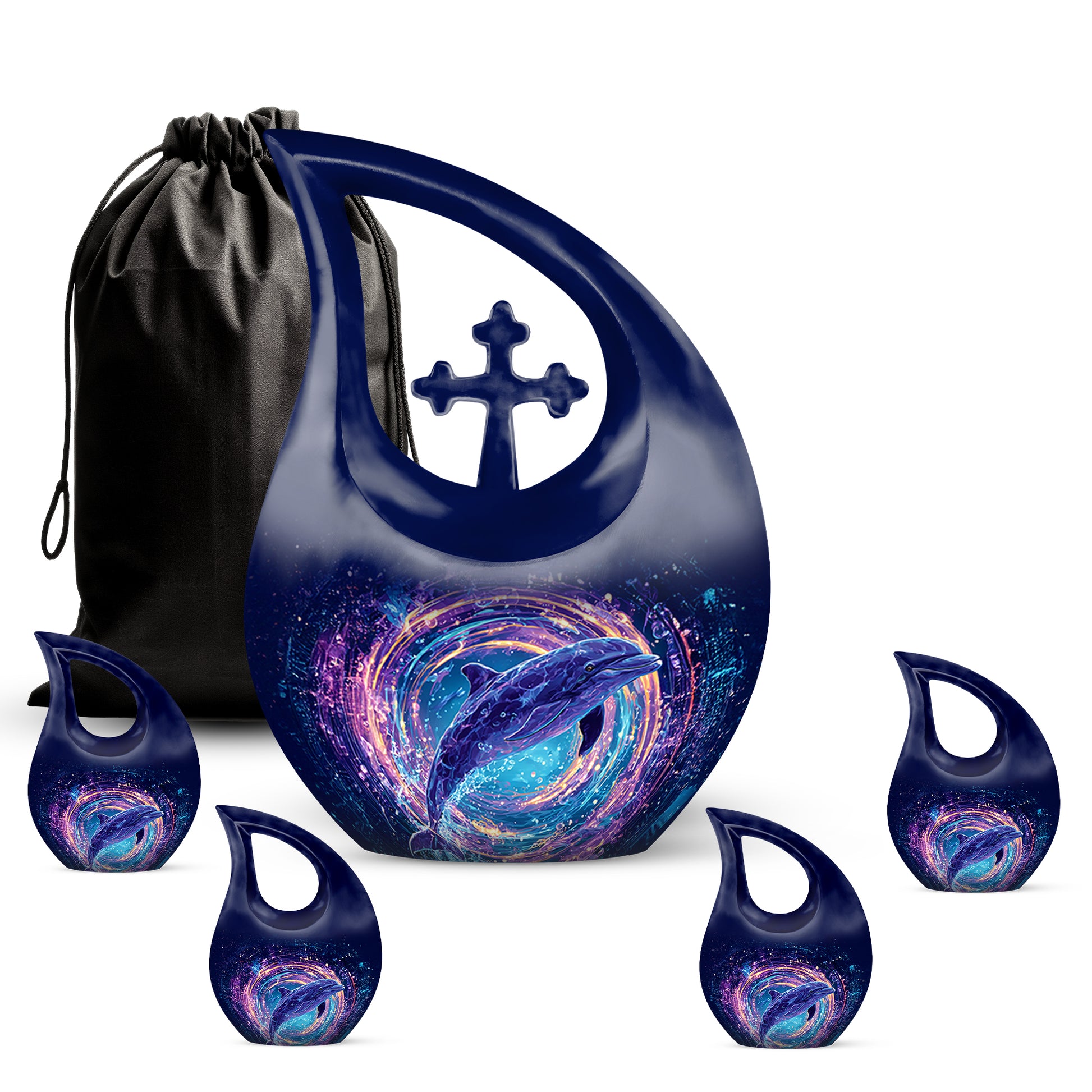 Navy Blue Dolphin Cremation Urn urn with complimentary velvet bag - cross and dolphin combined in spiritual memorial design - memorial set with one large and four small urns