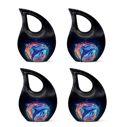 Jet Black Dolphin Cremation Urn lifestyle display on memorial shelf - cross and dolphin combined in spiritual memorial design - 10 inch aluminum urn for cremated remains