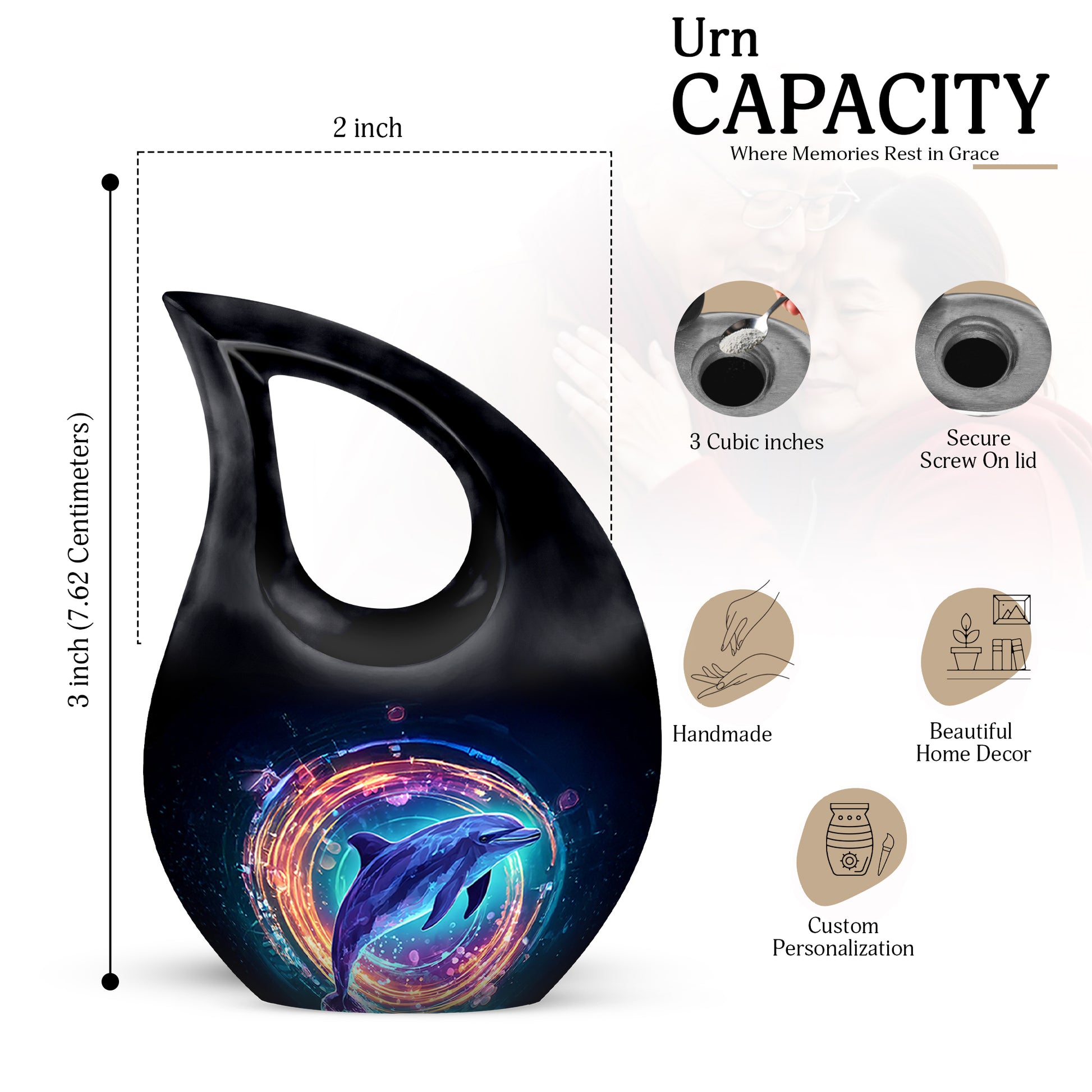 Midnight Black Dolphin Cremation Urn back view with polished surface - devotional cross-drop dolphin engraving - mini keepsake memorial for portion of cremation ashes
