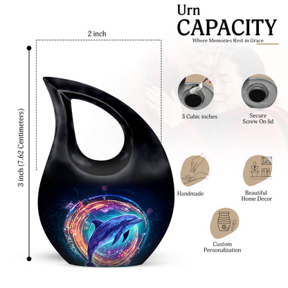 Midnight Black Dolphin Cremation Urn back view with polished surface - devotional cross-drop dolphin engraving - mini keepsake memorial for portion of cremation ashes