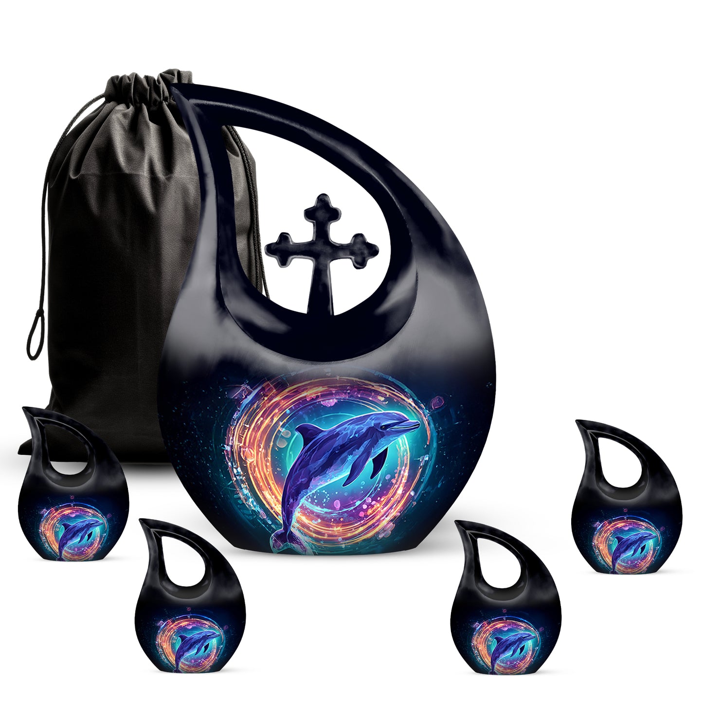 Glossy Black Dolphin Cremation Urn urn with complimentary velvet bag - cross and dolphin combined in spiritual memorial design - memorial set with one large and four small urns
