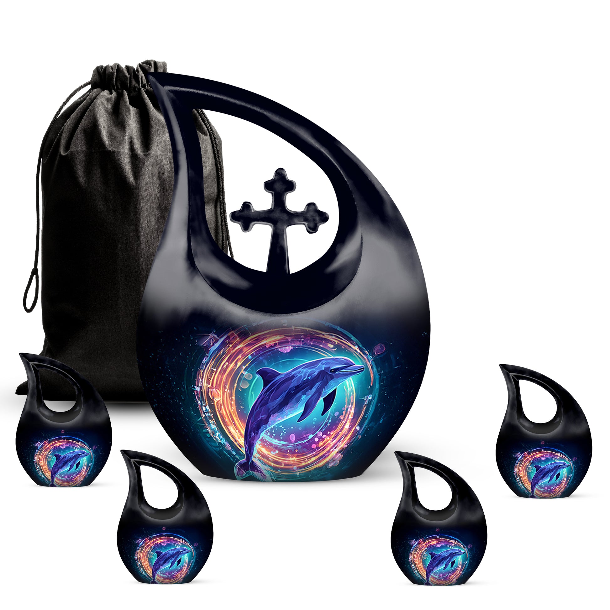 Glossy Black Dolphin Cremation Urn urn with complimentary velvet bag - cross and dolphin combined in spiritual memorial design - memorial set with one large and four small urns