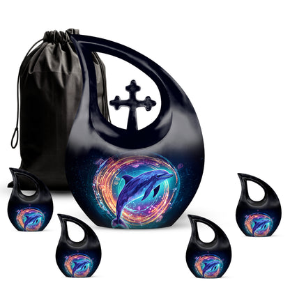 Glossy Black Dolphin Cremation Urn urn with complimentary velvet bag - cross and dolphin combined in spiritual memorial design - memorial set with one large and four small urns
