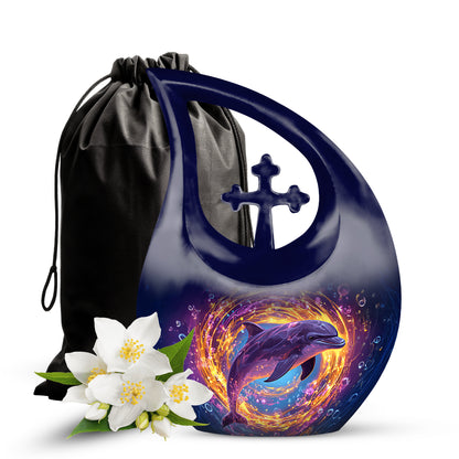 Sapphire Blue Dolphin Cremation Urn top-down view of secure threaded lid - devotional cross-drop dolphin engraving - full-size 10 inch 200 cubic inch adult cremation urn