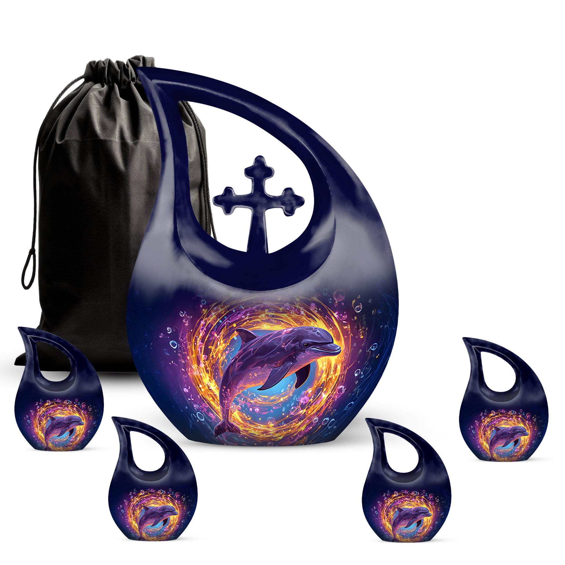 Soft Blue Dolphin Cremation Urn urn with complimentary velvet bag - faith-inspired cross-drop urn with dolphin pattern - memorial set with one large and four small urns