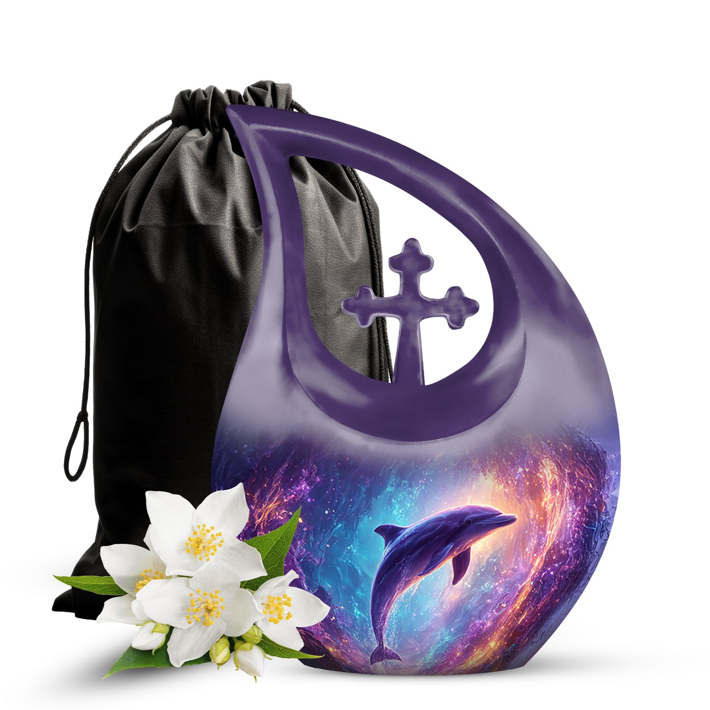 Soft Blue Dolphin Cremation Urn top-down view of secure threaded lid - faith-inspired cross-drop urn with dolphin pattern - full-size 10 inch 200 cubic inch adult cremation urn