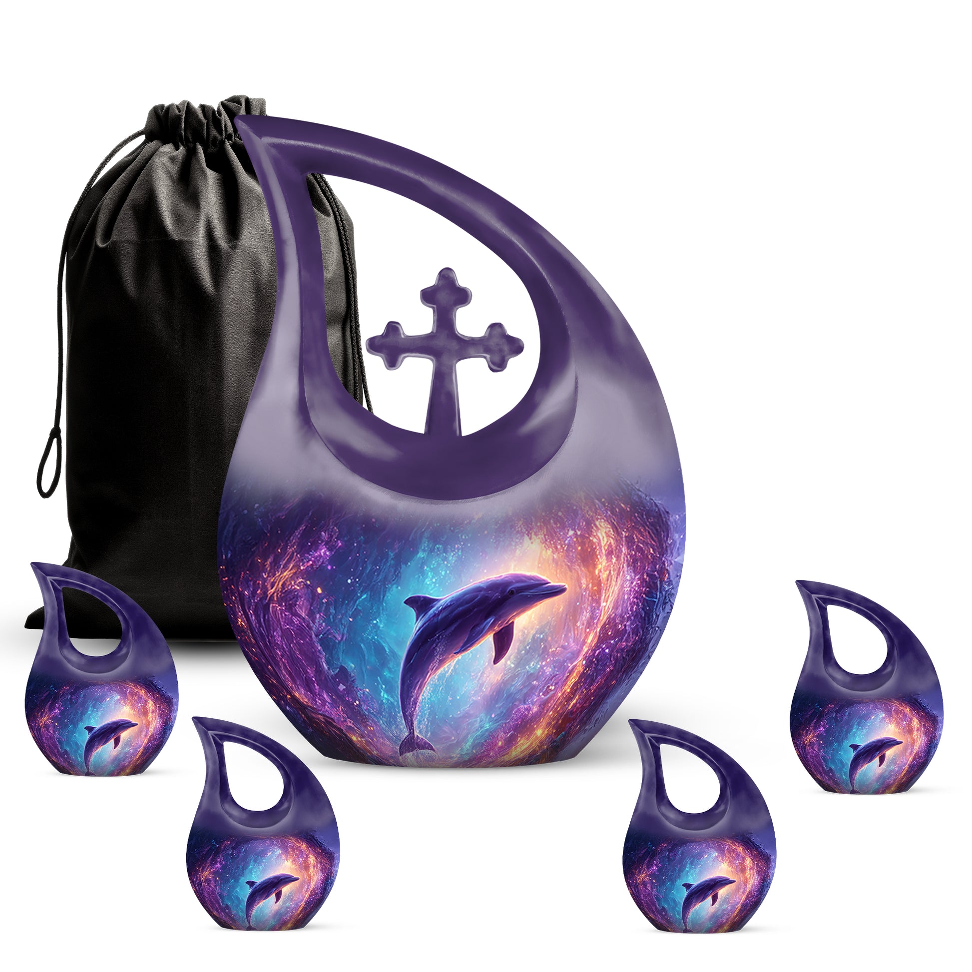 Icy Blue Dolphin Cremation Urn urn with complimentary velvet bag - cross and dolphin combined in spiritual memorial design - memorial set with one large and four small urns