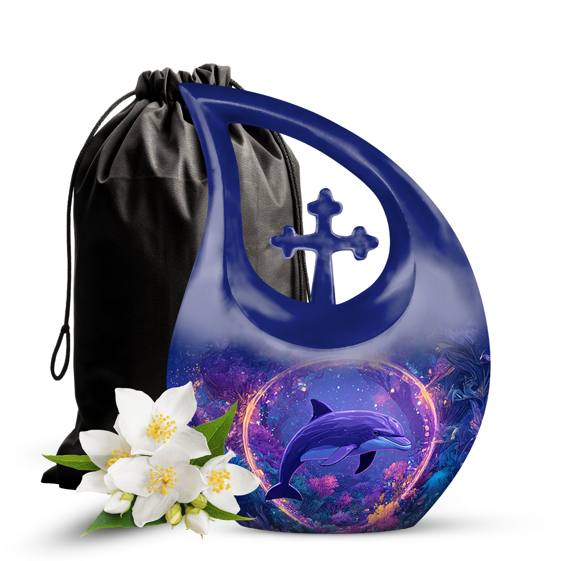 Powder Blue Dolphin Cremation Urn top-down view of secure threaded lid - sacred cross merged with dolphin motif on metal - full-size 10 inch 200 cubic inch adult cremation urn