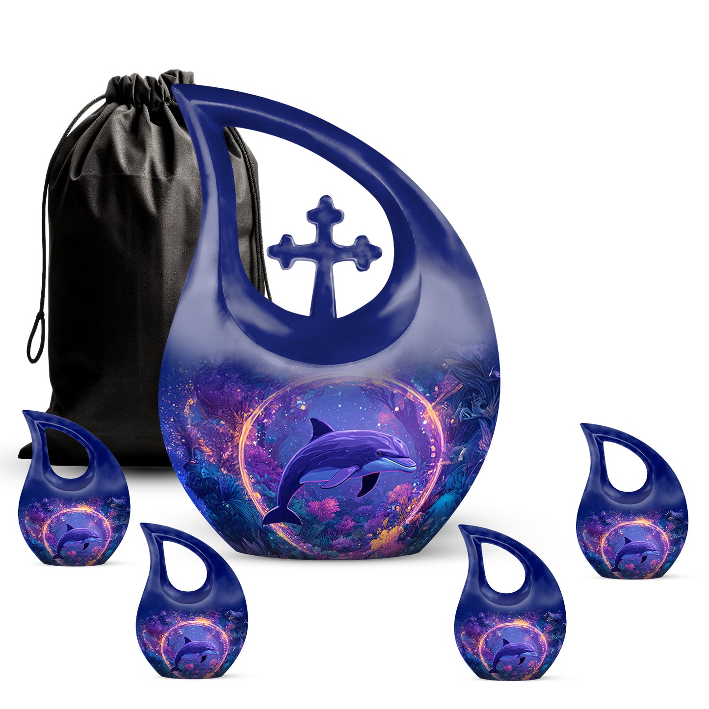 Indigo Dolphin Cremation Urn urn with complimentary velvet bag - sacred cross merged with dolphin motif on metal - memorial set with one large and four small urns