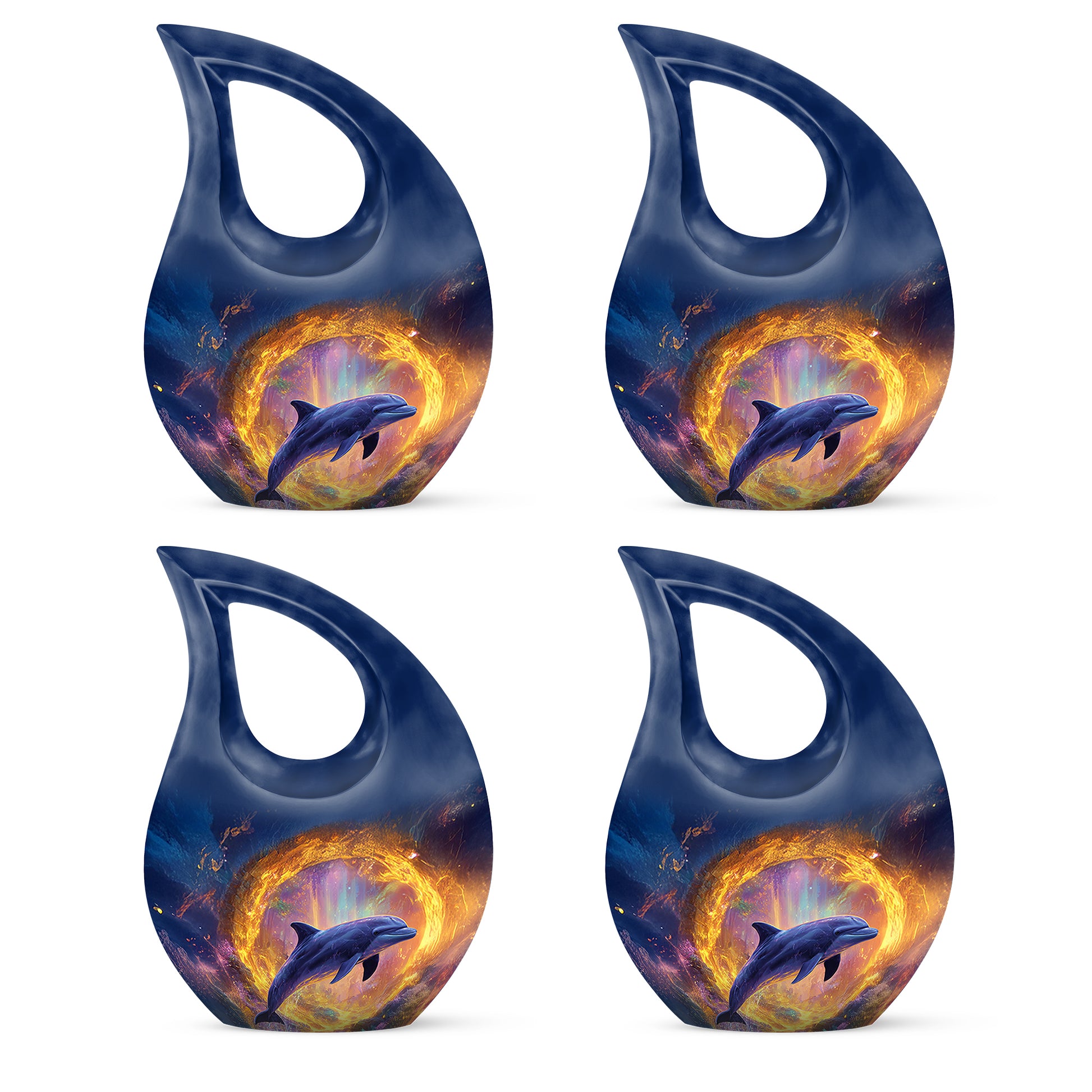 Royal Blue Dolphin Cremation Urn lifestyle display on memorial shelf - devotional cross-drop dolphin engraving - 10 inch aluminum urn for cremated remains
