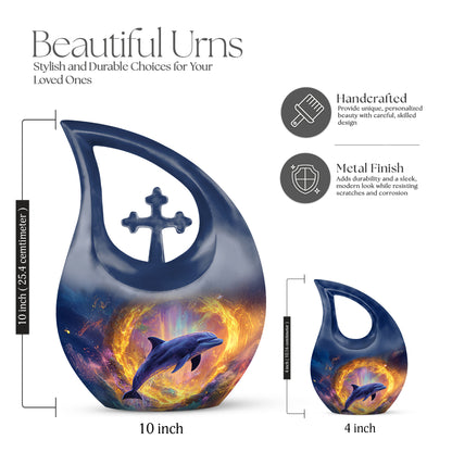 Bright Blue Dolphin Cremation Urn back view with polished surface - faith-inspired cross-drop urn with dolphin pattern - mini keepsake memorial for portion of cremation ashes