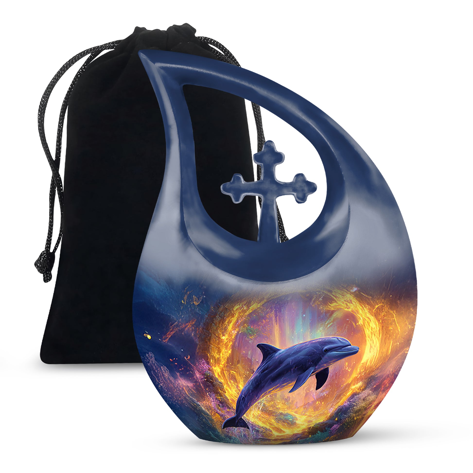 Vivid Blue Dolphin Cremation Urn top-down view of secure threaded lid - devotional cross-drop dolphin engraving - full-size 10 inch 200 cubic inch adult cremation urn