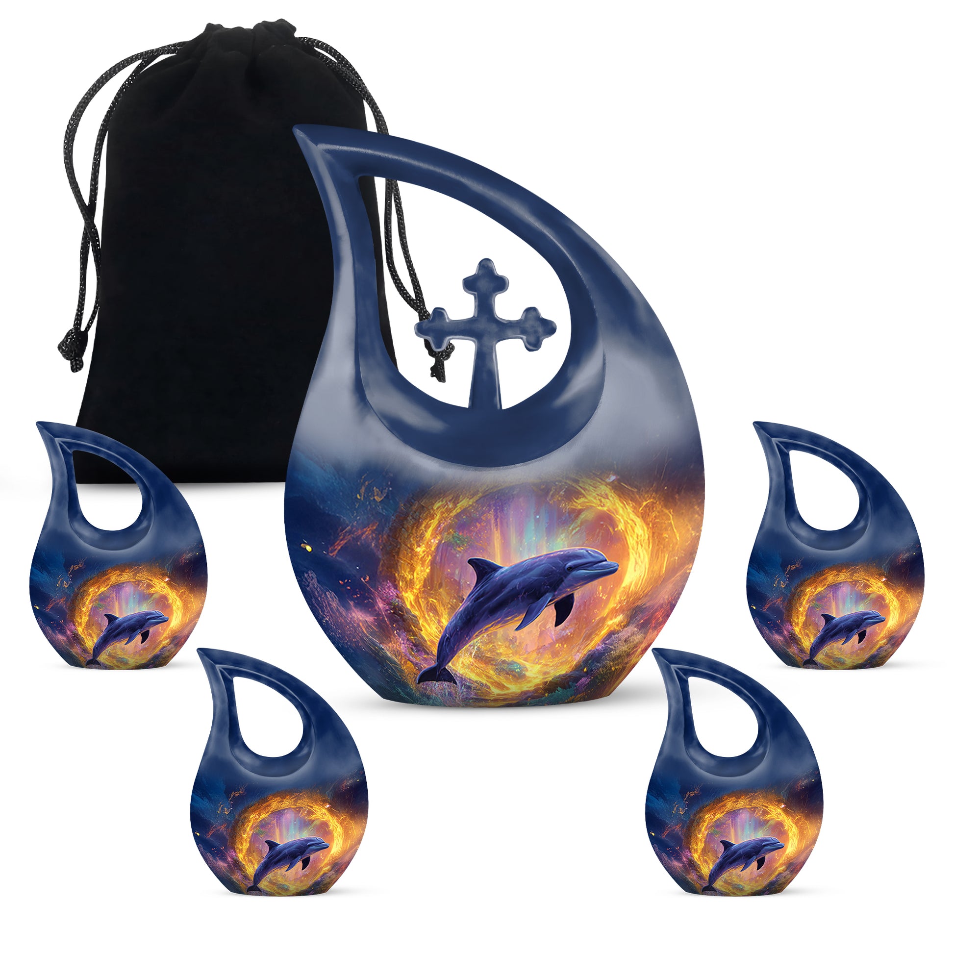 Azure Dolphin Cremation Urn urn with complimentary velvet bag - cross and dolphin combined in spiritual memorial design - memorial set with one large and four small urns