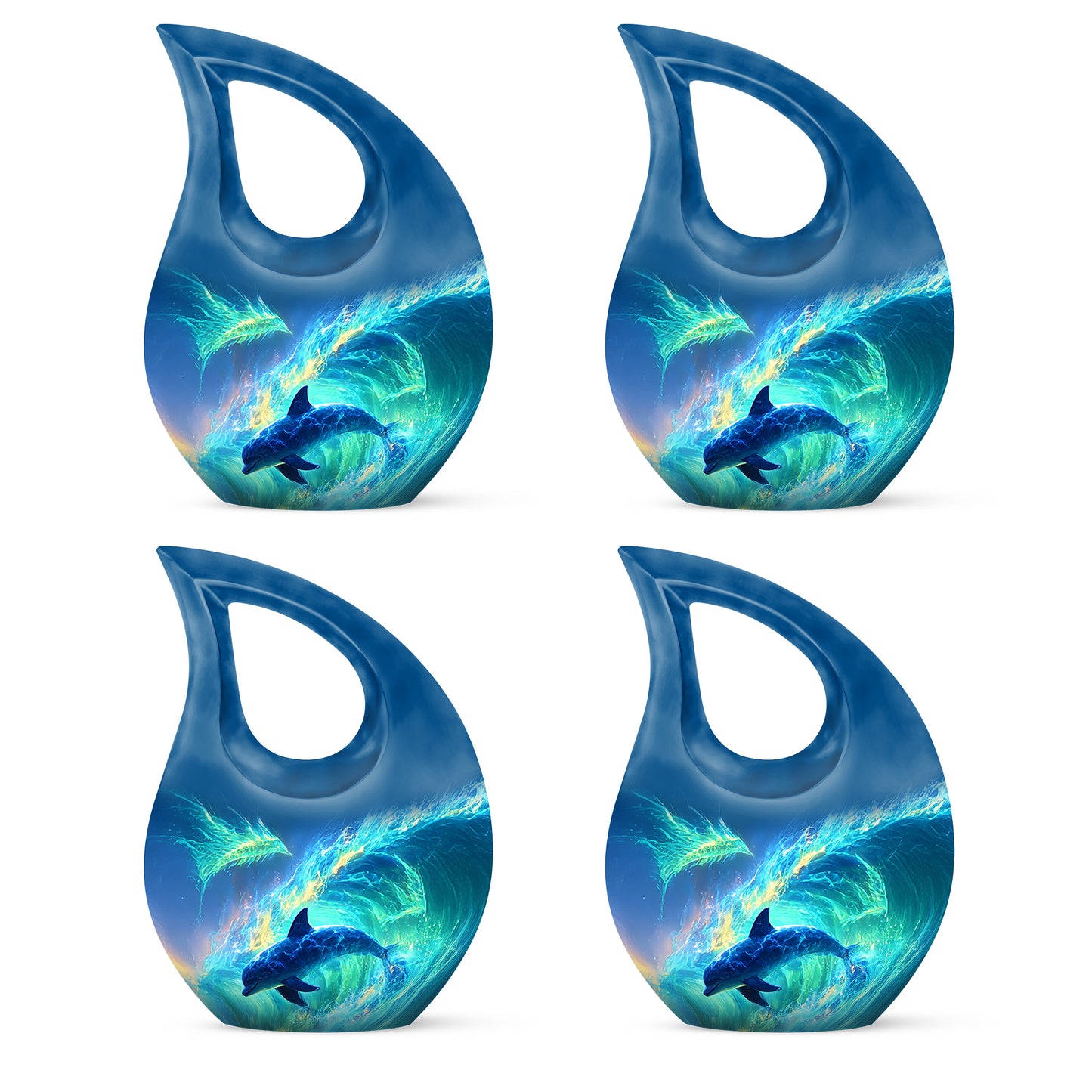 Celestial Blue Dolphin Cremation Urn lifestyle display on memorial shelf - cross and dolphin combined in spiritual memorial design - 10 inch aluminum urn for cremated remains