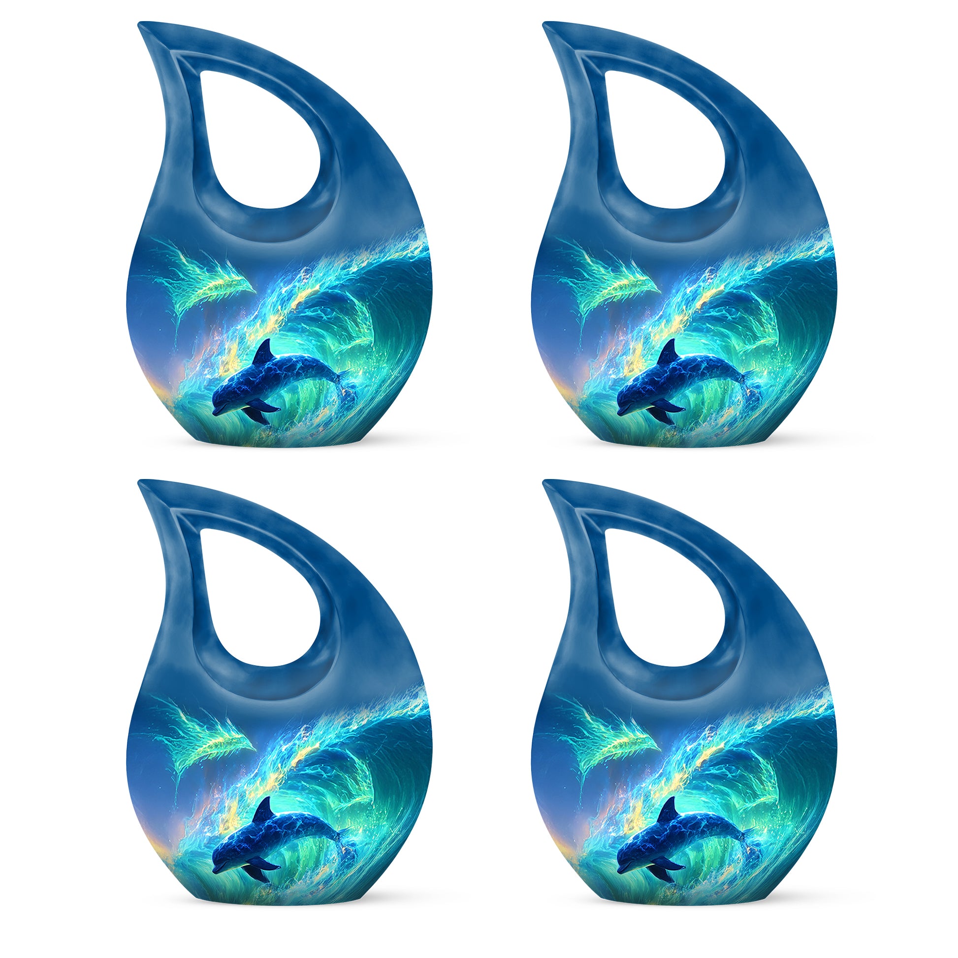 Celestial Blue Dolphin Cremation Urn lifestyle display on memorial shelf - cross and dolphin combined in spiritual memorial design - 10 inch aluminum urn for cremated remains