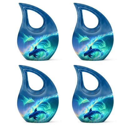 Celestial Blue Dolphin Cremation Urn lifestyle display on memorial shelf - cross and dolphin combined in spiritual memorial design - 10 inch aluminum urn for cremated remains