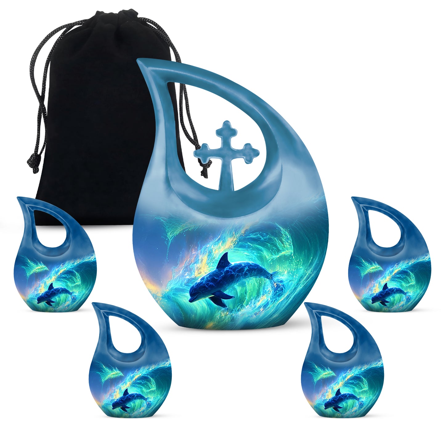 Indigo Dolphin Cremation Urn urn with complimentary velvet bag - sacred cross merged with dolphin motif on metal - memorial set with one large and four small urns